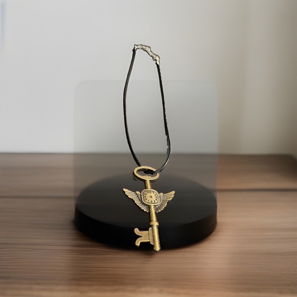 Steampunk Skeleton Key Necklace Winged Clock Pendant Black Cord  24" Angel Wings
